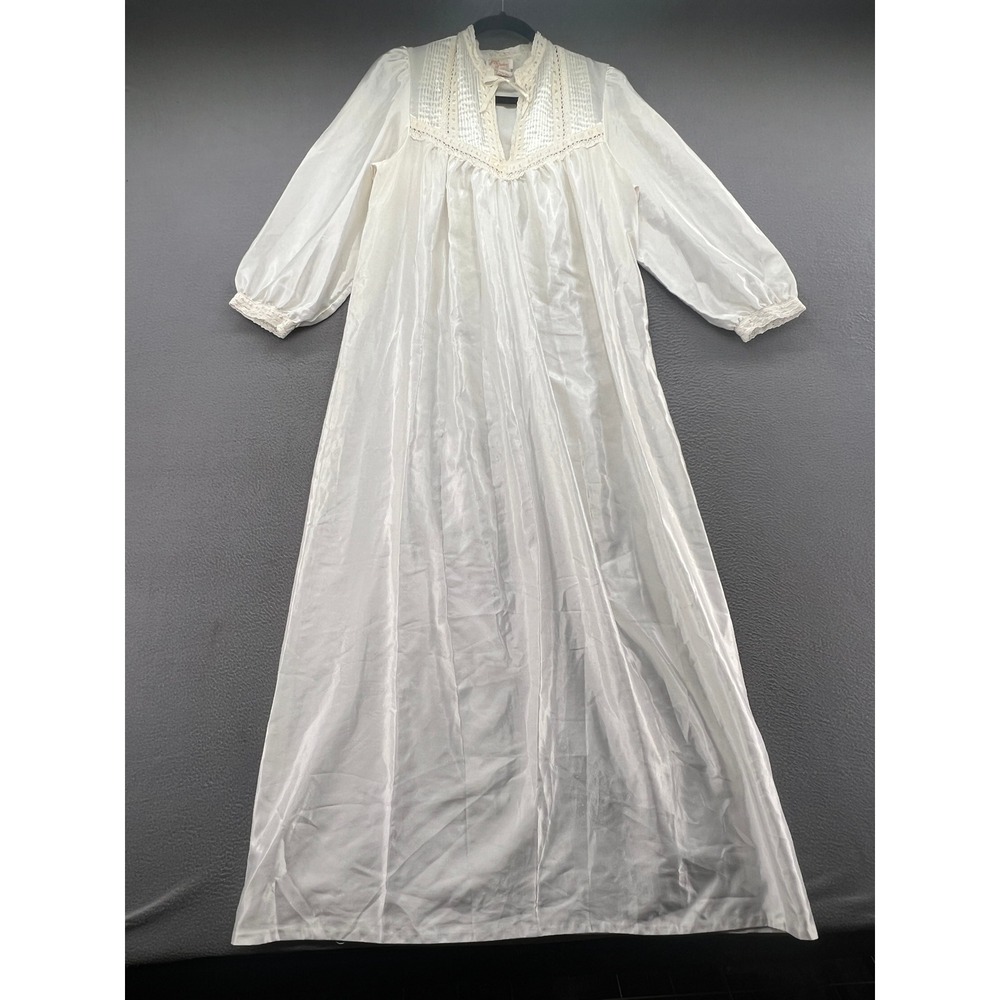 VTG LLise Stevens White Satin Nightgown Lace Trim Pleated Long Sleeve Maxi